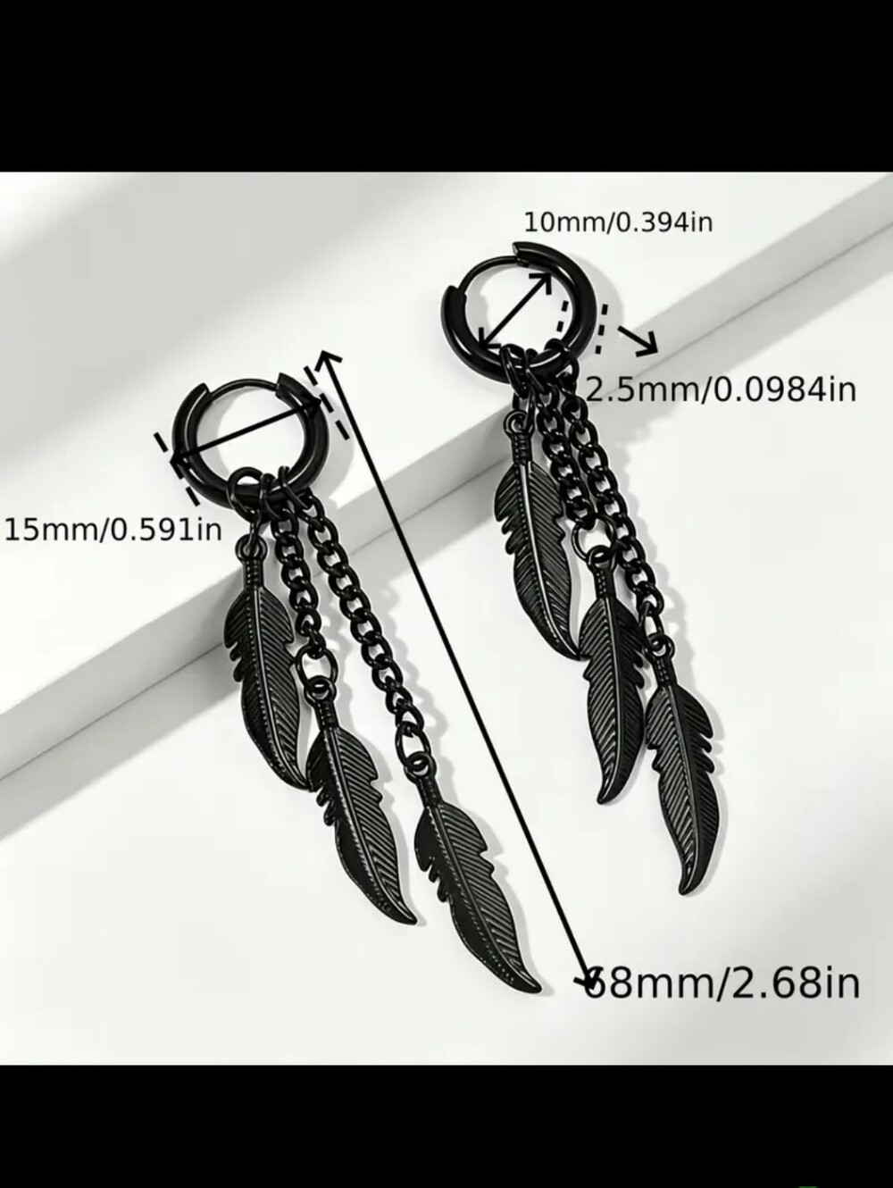 Black Unisex Hoop, Tassel Chains W Leaf/Feather Pendants Earrings - Picture 4 of 4